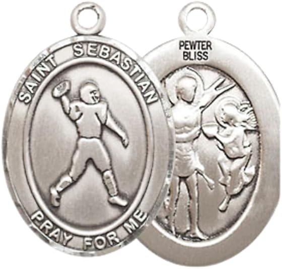 Everlasting Light Jewelry Medium Women's Pewter Saint St. Sebastian Football Pendant Necklace on 18- inch Rhodium- Plated Lite Curb Brass Chain – Patron Saint St. of Athletes, Catholic Medal – Velvet Gift Box Included