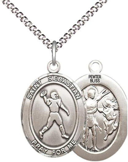 Everlasting Light Jewelry Medium Women's Pewter Saint St. Sebastian Football Pendant Necklace on 18- inch Rhodium- Plated Lite Curb Brass Chain – Patron Saint St. of Athletes, Catholic Medal – Velvet Gift Box Included