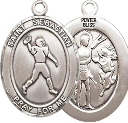Medium Men's Pewter Saint St. Sebastian Football Medal Pendant on 24 Inch Endless Rhodium Plated Heavy Curb Brass Chain, Catholic Religious Necklace - Made in USA- Deluxe Velvet Gift Box