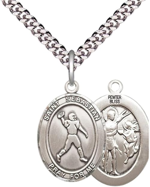 Medium Men's Pewter Saint St. Sebastian Football Medal Pendant on 24 Inch Endless Rhodium Plated Heavy Curb Brass Chain, Catholic Religious Necklace - Made in USA- Deluxe Velvet Gift Box