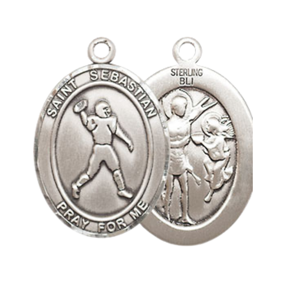 Medium Men's .925 Sterling Silver Saint St.Sebastian Football Medal Pendant on 24 Inch Endless Rhodium Plated Heavy Curb Brass Chain, Catholic Religious Necklace -Made in USA- Deluxe Velvet Gift Box