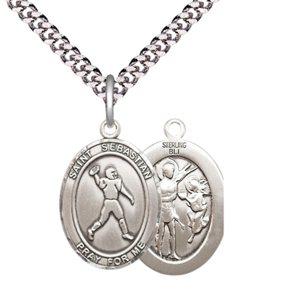 Medium Men's .925 Sterling Silver Saint St.Sebastian Football Medal Pendant on 24 Inch Endless Rhodium Plated Heavy Curb Brass Chain, Catholic Religious Necklace -Made in USA- Deluxe Velvet Gift Box