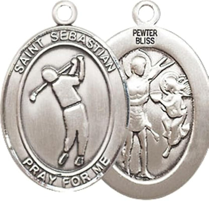 Mens Medium Oval Pewter Saint St. Sebastian Golf Medal Pendant on 24 Inch Rhodium Plated Heavy Curb Brass Chain w/ Lobster Claw Clasp, Catholic Religious Necklace- Made in USA- Velvet Gift Box