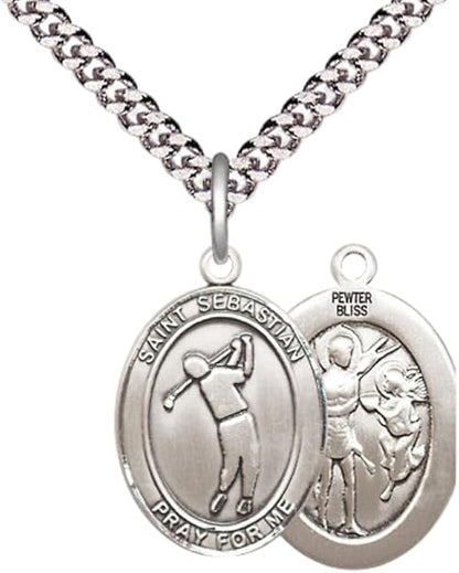 Medium Men's Pewter Saint St. Sebastian Golf Medal Pendant on 24 Inch Endless Rhodium Plated Heavy Curb Brass Chain, Catholic Religious Necklace - Made in USA- Deluxe Velvet Gift Box