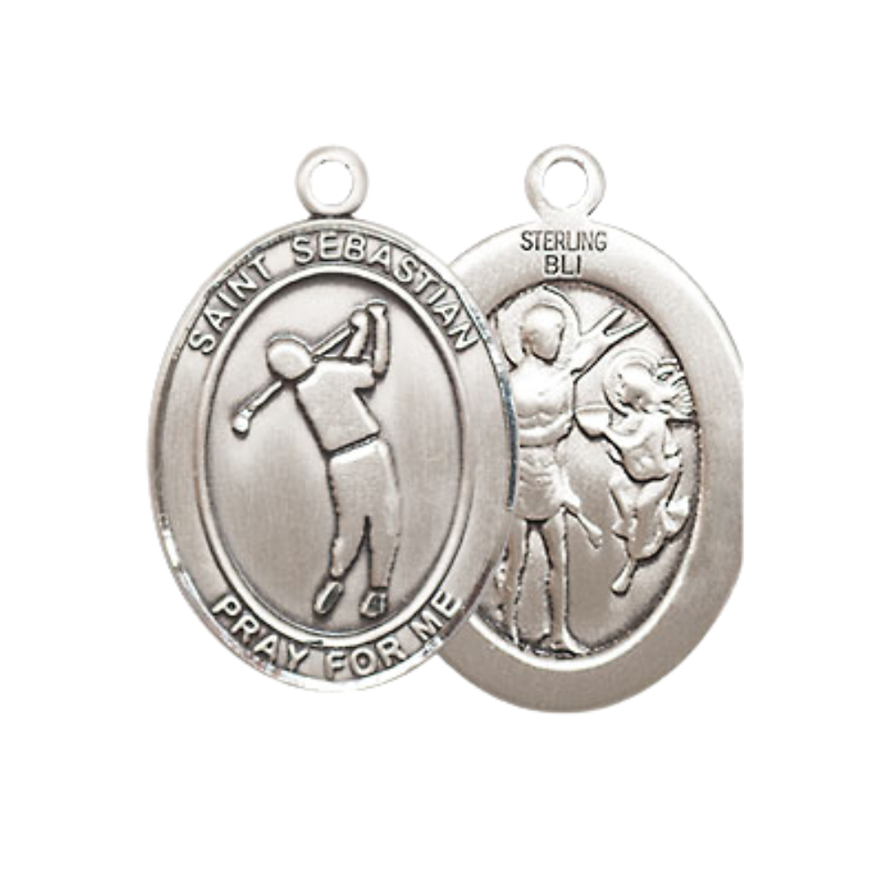 Everlasting Light Jewelry Medium Women's .925 Sterling Silver Saint St. Sebastian Golf Pendant Necklace on 18 Inch Rhodium Plated Lite Curb Brass Chain – Patron Saint St. of Athletes & Soldiers, Catholic Medal – Velvet Gift Box Included