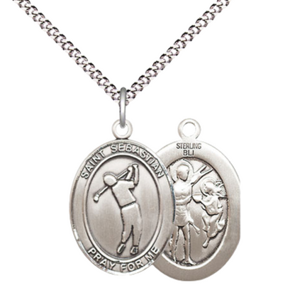 Everlasting Light Jewelry Medium Women's .925 Sterling Silver Saint St. Sebastian Golf Pendant Necklace on 18 Inch Rhodium Plated Lite Curb Brass Chain – Patron Saint St. of Athletes & Soldiers, Catholic Medal – Velvet Gift Box Included