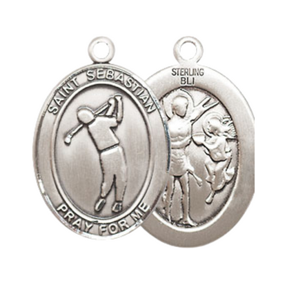 Medium Mens Oval .925 Sterling Silver Saint St. Sebastian Golf Medal Pendant on 24 Inch Rhodium Plated Heavy Curb Brass Chain w/ Lobster Claw Clasp, Catholic Religious Necklace- Made in USA- Velvet Gift Box