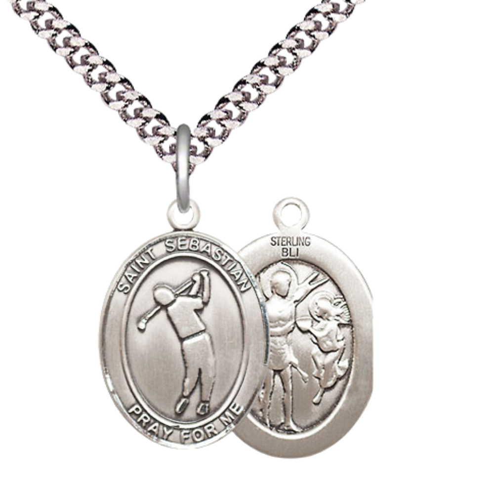 Medium Mens Oval .925 Sterling Silver Saint St. Sebastian Golf Medal Pendant on 24 Inch Rhodium Plated Heavy Curb Brass Chain w/ Lobster Claw Clasp, Catholic Religious Necklace- Made in USA- Velvet Gift Box