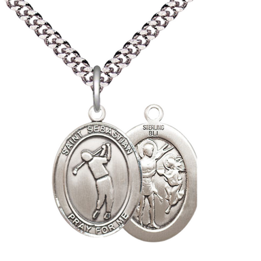 Medium Mens Oval .925 Sterling Silver Saint St. Sebastian Golf Medal Pendant on 24 Inch Rhodium Plated Heavy Curb Brass Chain w/ Lobster Claw Clasp, Catholic Religious Necklace- Made in USA- Velvet Gift Box
