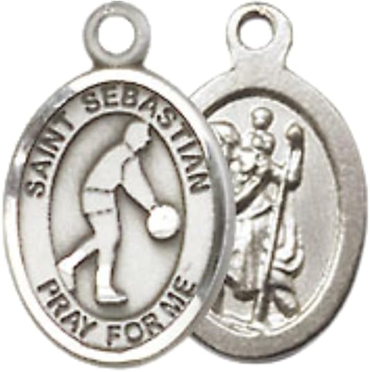 Everlasting Light Jewelry Medium Women's Pewter Saint Sebastian Basketball Pendant Necklace on 18-inch Rhodium-Plated Lite Curb Brass Chain – Patron Saint of Athletes – Velvet Gift Box Included