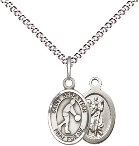 Everlasting Light Jewelry Medium Women's Pewter Saint Sebastian Basketball Pendant Necklace on 18-inch Rhodium-Plated Lite Curb Brass Chain – Patron Saint of Athletes – Velvet Gift Box Included