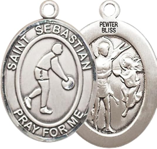 Medium Men's Pewter Saint St. Sebastian Basketball Medal Pendant on 24 Inch Endless Rhodium Plated Heavy Curb Brass Chain, Catholic Religious Necklace - Made in USA- Deluxe Velvet Gift Box
