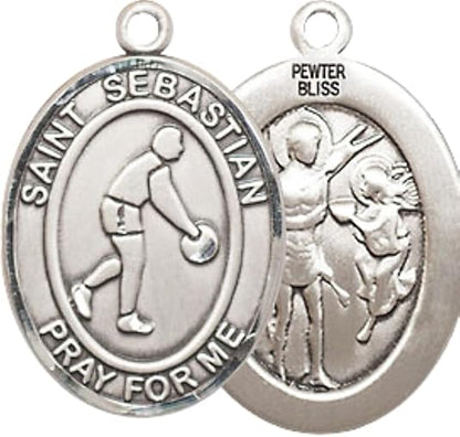 Medium Men's Pewter Saint St. Sebastian Basketball Medal Pendant on 24 Inch Endless Rhodium Plated Heavy Curb Brass Chain, Catholic Religious Necklace - Made in USA- Deluxe Velvet Gift Box