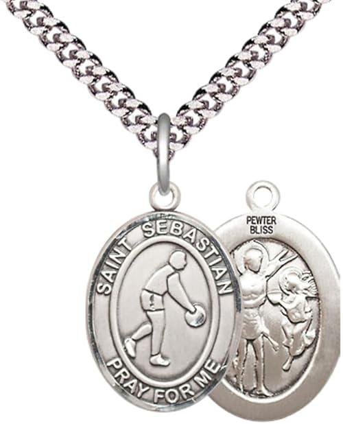 Medium Men's Pewter Saint St. Sebastian Basketball Medal Pendant on 24 Inch Endless Rhodium Plated Heavy Curb Brass Chain, Catholic Religious Necklace - Made in USA- Deluxe Velvet Gift Box