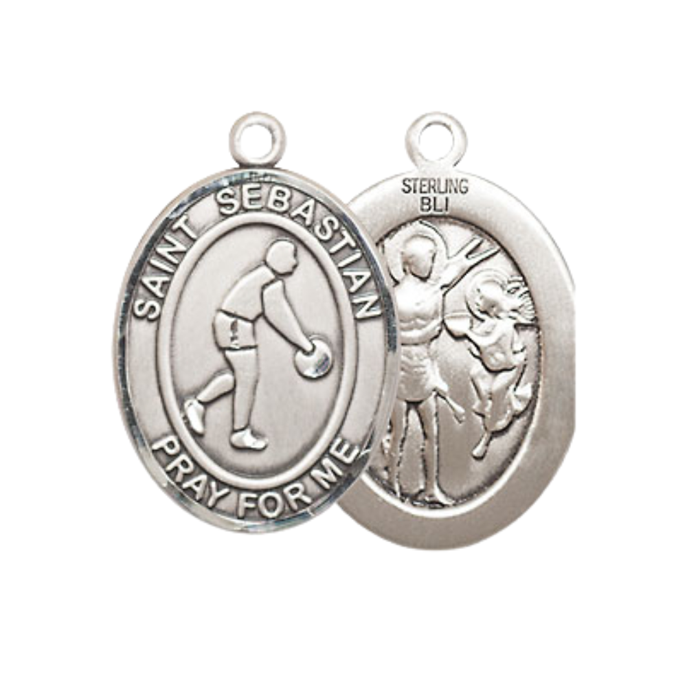 Medium Women's .925 Sterling Silver Saint St. Sebastian Basketball Pendant Necklace on 18 Inch Rhodium Plated Lite Curb Brass Chain – Patron Saint St. of Athletes & Soldiers, Catholic Medal – Velvet Gift Box Included