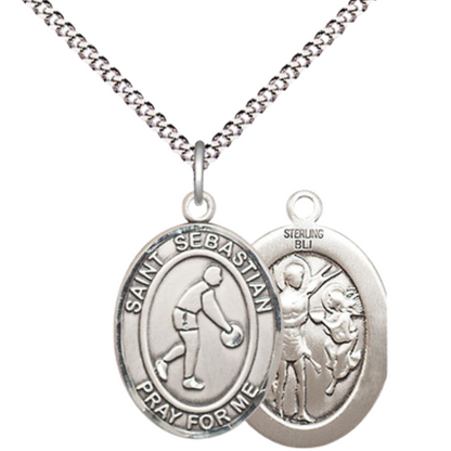 Medium Women's .925 Sterling Silver Saint St. Sebastian Basketball Pendant Necklace on 18 Inch Rhodium Plated Lite Curb Brass Chain – Patron Saint St. of Athletes & Soldiers, Catholic Medal – Velvet Gift Box Included