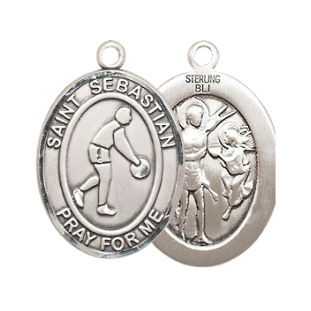 Medium Men's .925 Sterling Silver Saint St. Sebastian Basketball Medal Pendant on 24 Inch Endless Rhodium Plated Heavy Curb Brass Chain, Catholic Religious Necklace - Made in USA- Deluxe Velvet Gift Box