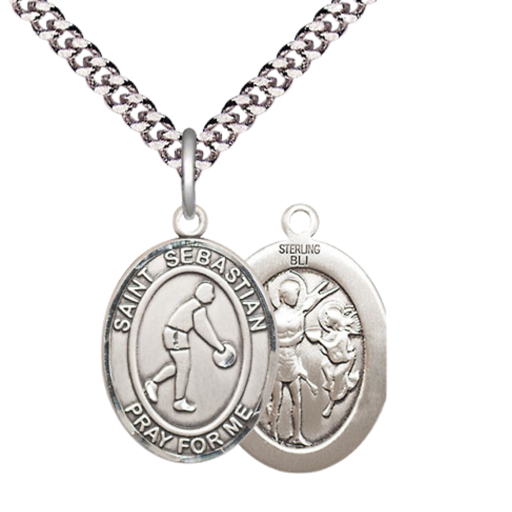 Medium Men's .925 Sterling Silver Saint St. Sebastian Basketball Medal Pendant on 24 Inch Endless Rhodium Plated Heavy Curb Brass Chain, Catholic Religious Necklace - Made in USA- Deluxe Velvet Gift Box