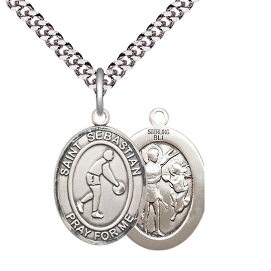 Medium Men's .925 Sterling Silver Saint St. Sebastian Basketball Medal Pendant on 24 Inch Endless Rhodium Plated Heavy Curb Brass Chain, Catholic Religious Necklace - Made in USA- Deluxe Velvet Gift Box