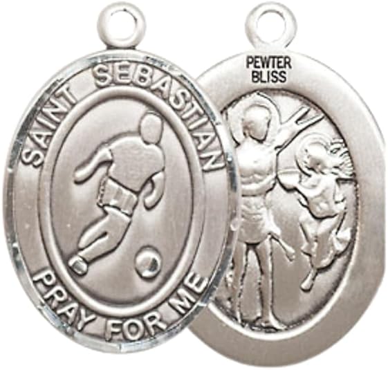 Everlasting Light Jewelry Medium Women's Pewter Saint St. Sebastian Soccer Pendant Necklace on 18- inch Rhodium- Plated Lite Curb Brass Chain – Patron Saint St. of Athletes, Catholic Medal – Velvet Gift Box Included