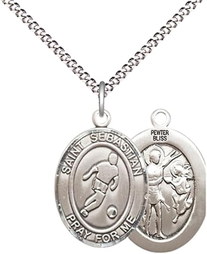 Everlasting Light Jewelry Medium Women's Pewter Saint St. Sebastian Soccer Pendant Necklace on 18- inch Rhodium- Plated Lite Curb Brass Chain – Patron Saint St. of Athletes, Catholic Medal – Velvet Gift Box Included