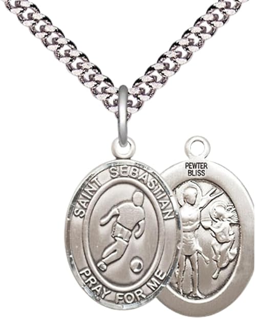 Mens Medium Oval Pewter Saint St. Sebastian Soccer Medal Pendant on 24 Inch Rhodium Plated Heavy Curb Brass Chain w/ Lobster Claw Clasp, Catholic Religious Necklace- Made in USA- Velvet Gift Box