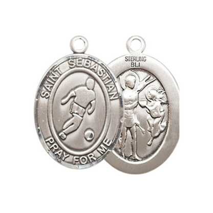 Everlasting Light Jewelry Medium Women's .925 Sterling Silver Saint St. Sebastian Soccer Pendant Necklace on 18 Inch Rhodium Plated Lite Curb Brass Chain – Patron Saint St. of Athletes & Soldiers, Catholic Medal – Velvet Gift Box Included
