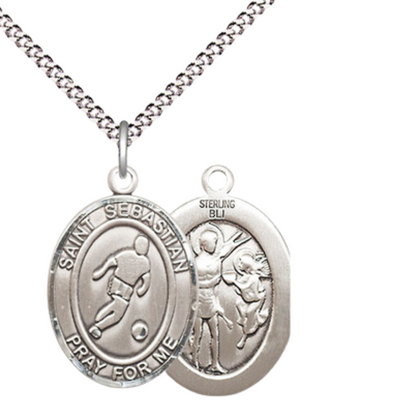 Everlasting Light Jewelry Medium Women's .925 Sterling Silver Saint St. Sebastian Soccer Pendant Necklace on 18 Inch Rhodium Plated Lite Curb Brass Chain – Patron Saint St. of Athletes & Soldiers, Catholic Medal – Velvet Gift Box Included