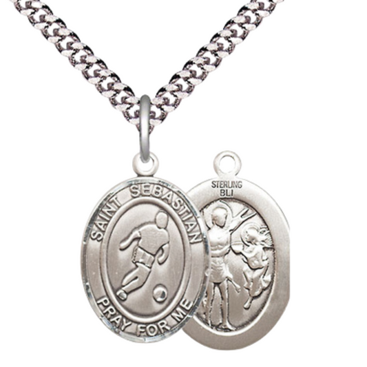 Medium Men's .925 Sterling Silver Saint St. Sebastian Soccer Medal Pendant on 24 Inch Endless Rhodium Plated Heavy Curb Brass Chain, Catholic Religious Necklace - Made in USA- Deluxe Velvet Gift Box