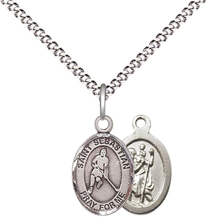 Everlasting Light Jewelry Medium Women's Pewter Saint St. Sebastian Ice Hockey Pendant Necklace on 18- inch Rhodium- Plated Lite Curb Brass Chain – Patron Saint St. of Athletes, Catholic Medal – Velvet Gift Box Included