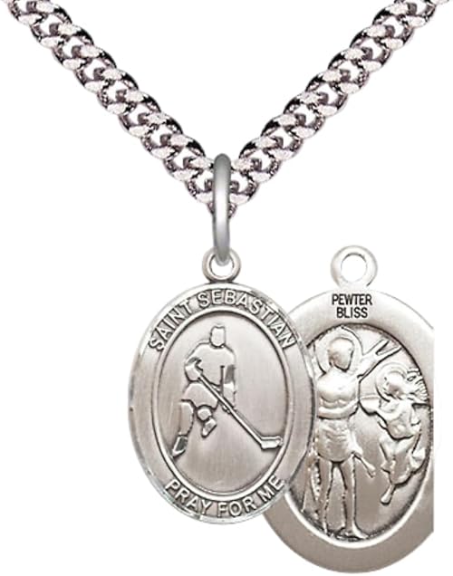Mens Medium Oval Pewter Saint Sebastian Ice Hockey Medal Pendant on 24" Rhodium Plated Heavy Curb Brass Chain w/ Lobster Claw Clasp, Catholic Religious Necklace -Made in USA-Velvet Gift Box