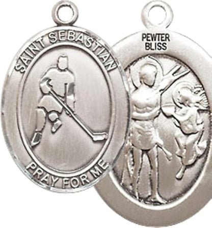 Mens Medium Oval Pewter Saint Sebastian Ice Hockey Medal Pendant on 24" Rhodium Plated Heavy Curb Brass Chain w/ Lobster Claw Clasp, Catholic Religious Necklace -Made in USA-Velvet Gift Box