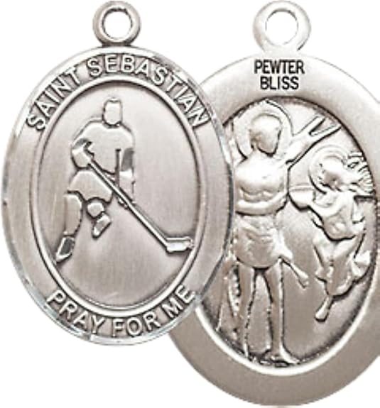 Medium Men's Pewter Saint St. Sebastian Ice Hockey Medal Pendant on 24 Inch Endless Rhodium Plated Heavy Curb Brass Chain, Catholic Religious Necklace - Made in USA- Deluxe Velvet Gift Box