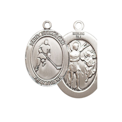 Medium Women's .925 Sterling Silver Saint St. Sebastian Ice Hockey Pendant Necklace on 18 Inch Rhodium Plated Lite Curb Brass Chain – Patron Saint St. of Athletes & Soldiers, Catholic Medal – Velvet Gift Box Included