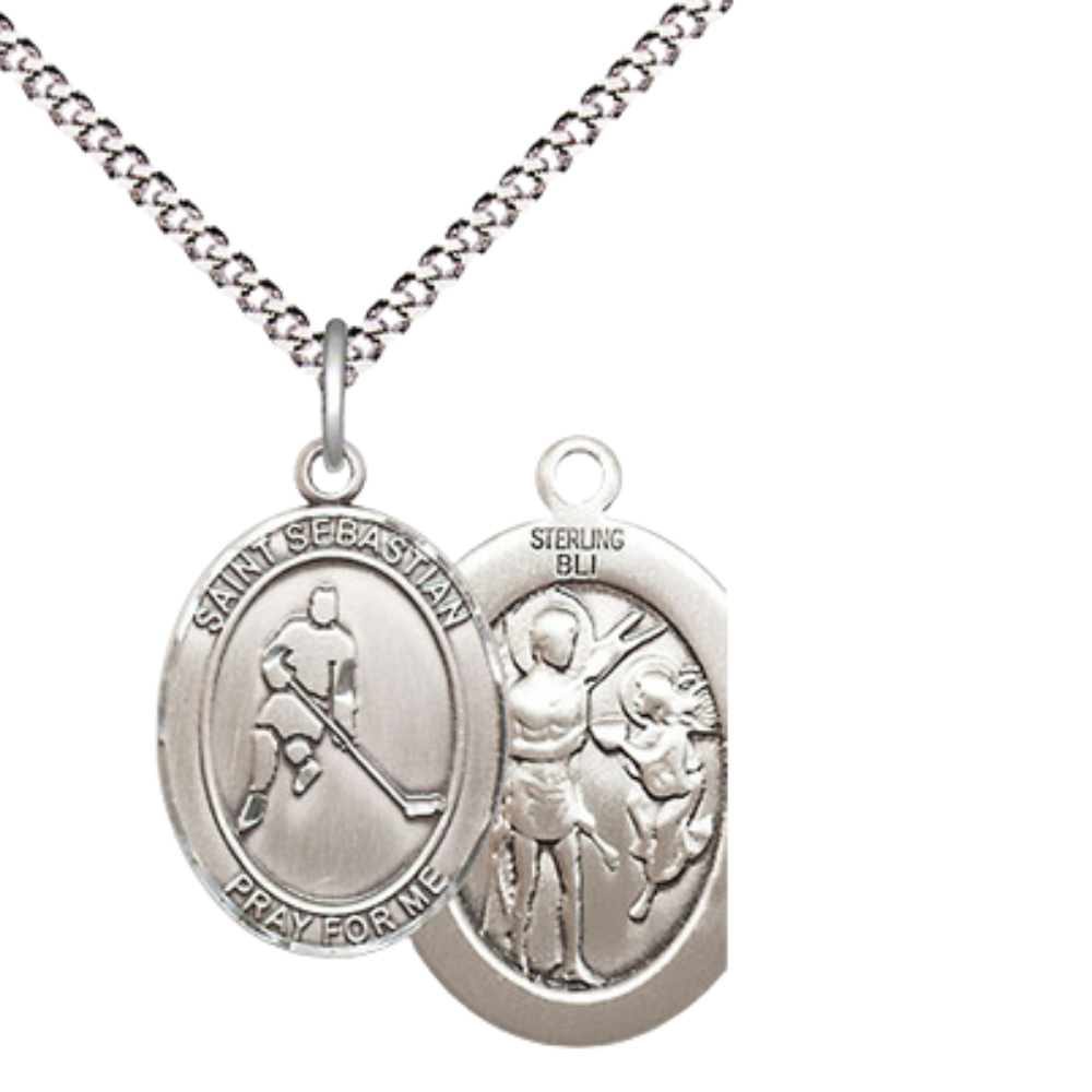 Medium Men's .925 Sterling Silver Saint St. Sebastian Ice Hockey Medal Pendant on 24 Inch Endless Rhodium Plated Heavy Curb Brass Chain, Catholic Religious Necklace - Made in USA- Deluxe Velvet Gift Box