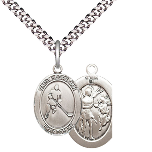 Medium Men's .925 Sterling Silver Saint St. Sebastian Ice Hockey Medal Pendant on 24 Inch Endless Rhodium Plated Heavy Curb Brass Chain, Catholic Religious Necklace - Made in USA- Deluxe Velvet Gift Box