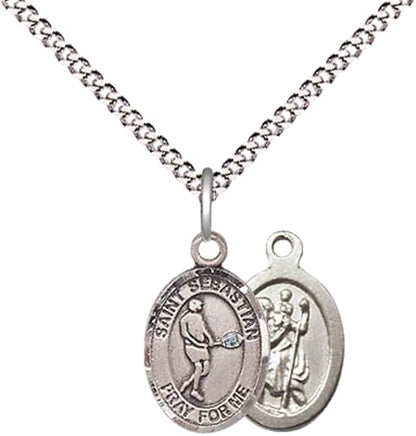 Everlasting Light Jewelry Medium Women's Pewter Saint St. Sebastian Tennis Pendant Necklace on 18- inch Rhodium- Plated Lite Curb Brass Chain – Patron Saint St. of Athletes, Catholic Medal – Velvet Gift Box Included
