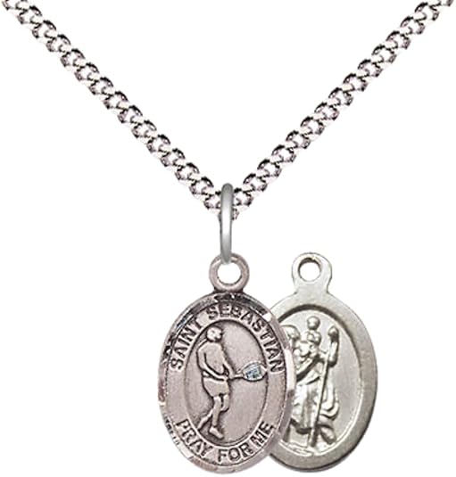 Everlasting Light Jewelry Medium Women's Pewter Saint St. Sebastian Tennis Pendant Necklace on 18- inch Rhodium- Plated Lite Curb Brass Chain – Patron Saint St. of Athletes, Catholic Medal – Velvet Gift Box Included