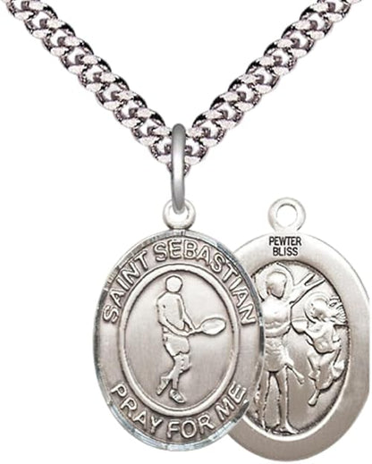 Mens Medium Oval Pewter Saint St. Sebastian Tennis Medal Pendant on 24 Inch Rhodium Plated Heavy Curb Brass Chain w/ Lobster Claw Clasp, Catholic Religious Necklace- Made in USA- Velvet Gift Box