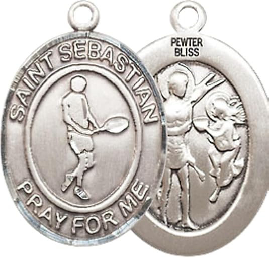 Medium Men's Pewter Saint St. Sebastian Tennis Medal Pendant on 24 Inch Endless Rhodium Plated Heavy Curb Brass Chain, Catholic Religious Necklace - Made in USA- Deluxe Velvet Gift Box