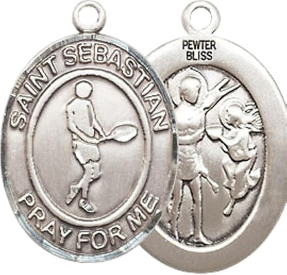 Medium Men's Pewter Saint St. Sebastian Tennis Medal Pendant on 24 Inch Endless Rhodium Plated Heavy Curb Brass Chain, Catholic Religious Necklace - Made in USA- Deluxe Velvet Gift Box