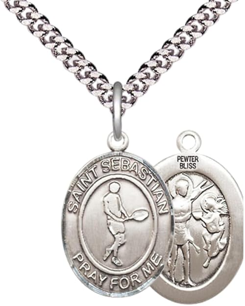 Medium Men's Pewter Saint St. Sebastian Tennis Medal Pendant on 24 Inch Endless Rhodium Plated Heavy Curb Brass Chain, Catholic Religious Necklace - Made in USA- Deluxe Velvet Gift Box