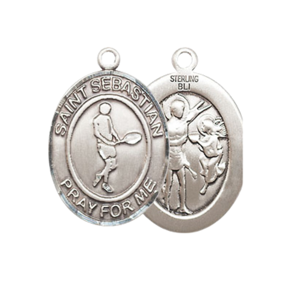 Everlasting Light Jewelry Medium Women's Sterling Silver Saint Sebastian Tennis Pendant Necklace on 18" Rhodium Plated Lite Curb Brass Chain – Patron Saint of Athletes & Soldiers – Velvet Gift Box Included
