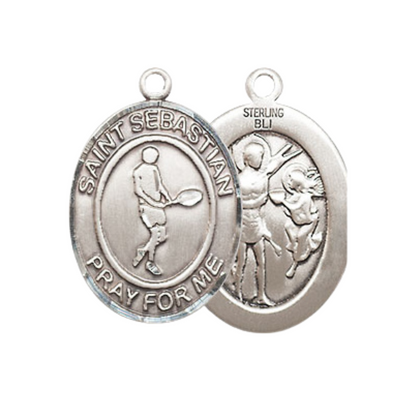 Everlasting Light Jewelry Medium Women's Sterling Silver Saint Sebastian Tennis Pendant Necklace on 18" Rhodium Plated Lite Curb Brass Chain – Patron Saint of Athletes & Soldiers – Velvet Gift Box Included