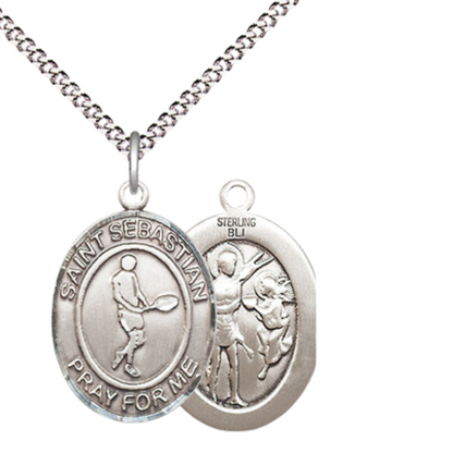 Everlasting Light Jewelry Medium Women's Sterling Silver Saint Sebastian Tennis Pendant Necklace on 18" Rhodium Plated Lite Curb Brass Chain – Patron Saint of Athletes & Soldiers – Velvet Gift Box Included