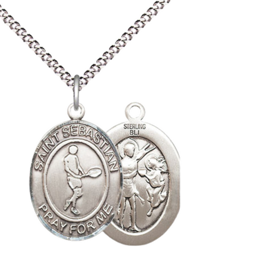 Everlasting Light Jewelry Medium Women's Sterling Silver Saint Sebastian Tennis Pendant Necklace on 18" Rhodium Plated Lite Curb Brass Chain – Patron Saint of Athletes & Soldiers – Velvet Gift Box Included