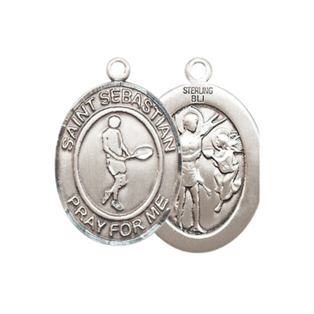 Medium Men's .925 Sterling Silver Saint St. Sebastian Tennis Medal Pendant on 24 Inch Endless Rhodium Plated Heavy Curb Brass Chain, Catholic Religious Necklace - Made in USA- Deluxe Velvet Gift Box
