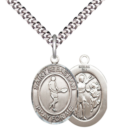 Medium Men's .925 Sterling Silver Saint St. Sebastian Tennis Medal Pendant on 24 Inch Endless Rhodium Plated Heavy Curb Brass Chain, Catholic Religious Necklace - Made in USA- Deluxe Velvet Gift Box