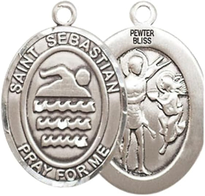 Everlasting Light Jewelry Medium Women's Pewter Saint St. Sebastian Swimming Pendant Necklace on 18- inch Rhodium- Plated Lite Curb Brass Chain – Patron Saint St. of Athletes, Catholic Medal – Velvet Gift Box Included
