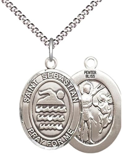 Everlasting Light Jewelry Medium Women's Pewter Saint St. Sebastian Swimming Pendant Necklace on 18- inch Rhodium- Plated Lite Curb Brass Chain – Patron Saint St. of Athletes, Catholic Medal – Velvet Gift Box Included